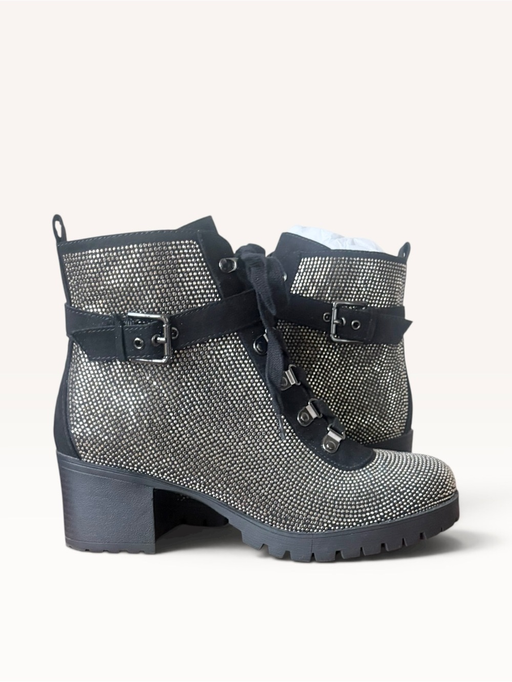 Snazzy Blingy Combat Boots with Lug Sole & 2.5" Block Heel